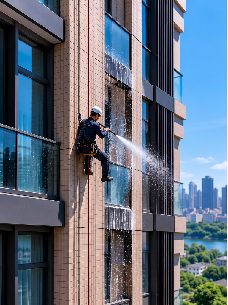 Illustration: a technician on ropes cleaning a tiled high-rise facade with a pressure lance